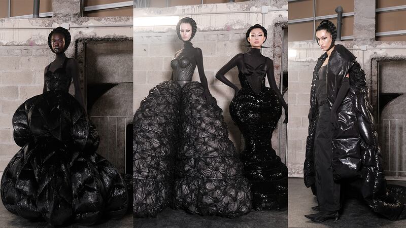 Models wear all black down material designs from Chen Peng.