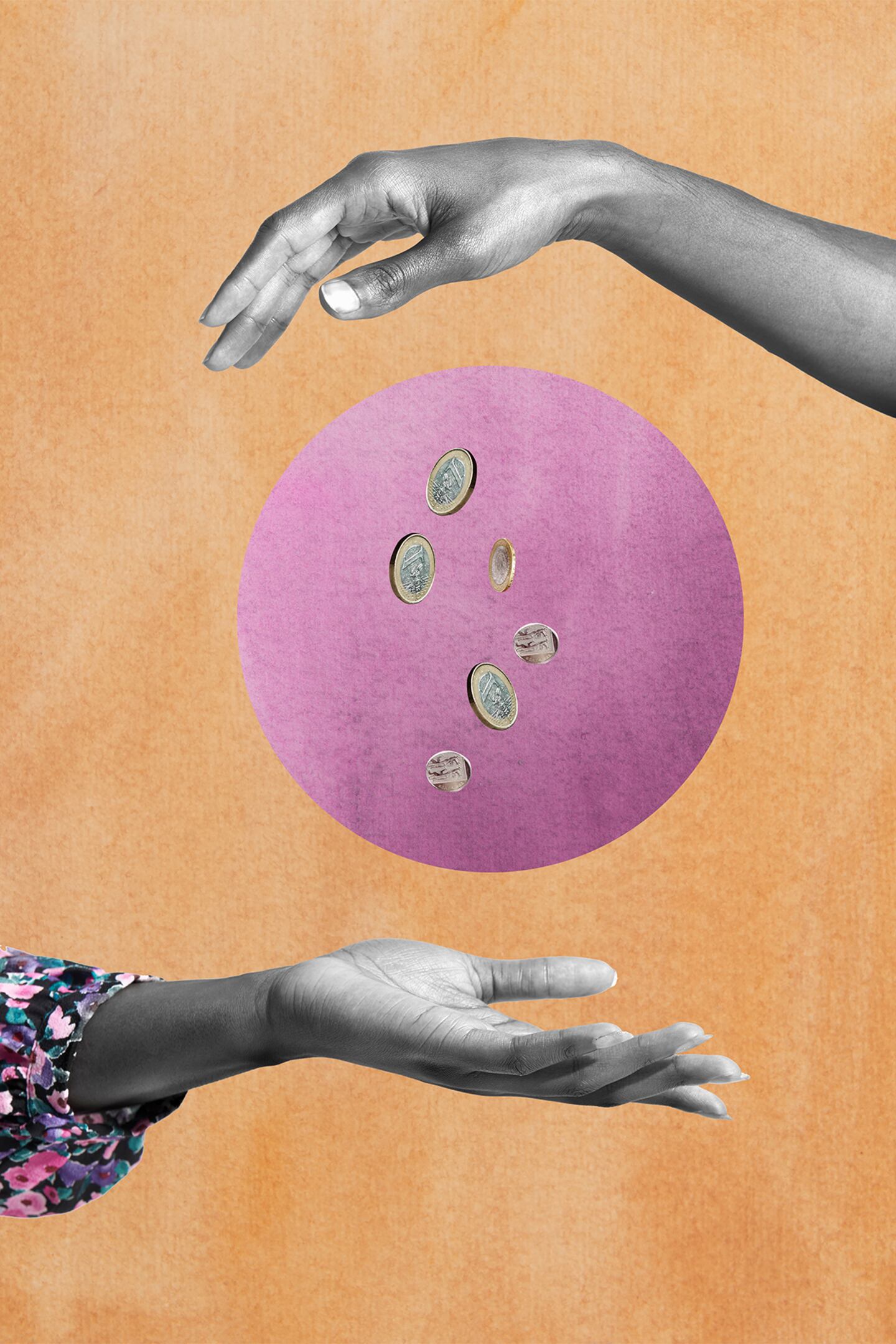 Two hands dropping money to each other on an orange and pink background.